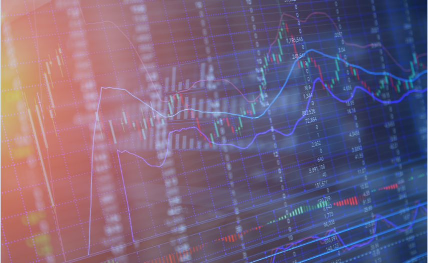 Pomarańczowo-niebieska grafika przedstawiająca wzrosty i spadki akcji na giełdzie